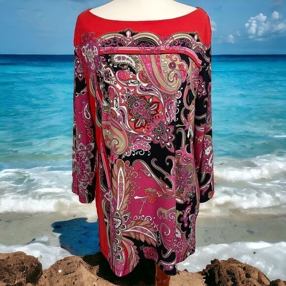 JM Collection Paisley Slinky Tunic L Top Boho Rococo Colorful Baroque Regency - Picture 13 of 16